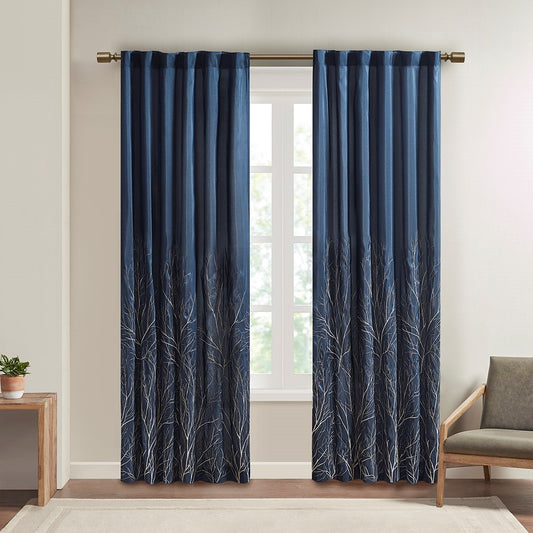 Embroidered Branches Faux Silk Window Panel, Navy Blue SET OF 2