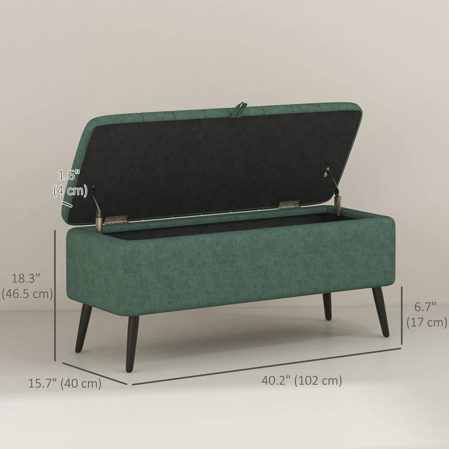 40" Ottoman Bench with Storage, Linen Upholstered with Steel Legs for Living Room, Bedroom Dark Green