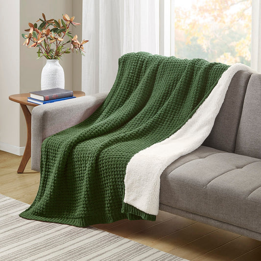 Sherpa Waffle Knit Chenille Throw, Green