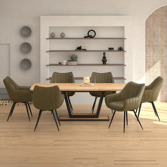7pc Dining Set in Natural Table with Moss Chair