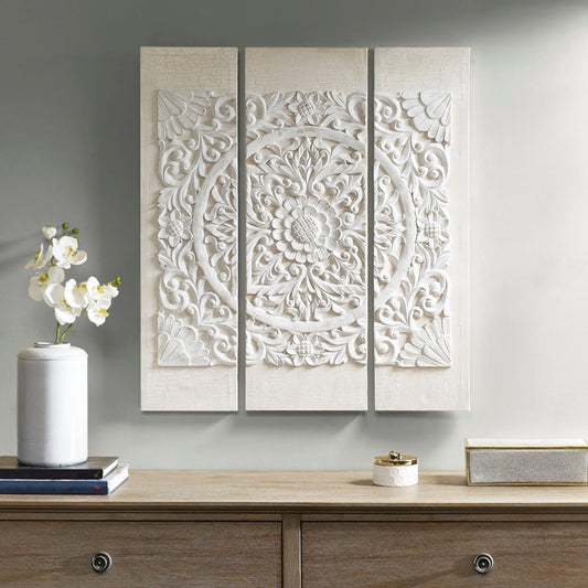 Mandala 3D Embellished Canvas 3-Piece Wall Decor, White