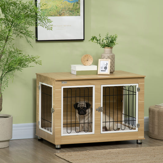 Pet Crate End Table with Soft Cushion, Double-Door Dog Crate Furniture for Medium Large Dogs, Wooden Wire Pet Kennel for Indoor Use