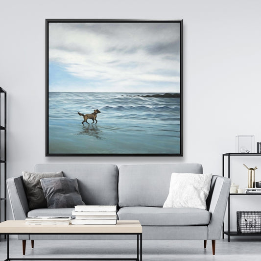 Dog On the Beach | Framed Print On Canvas 48" X 48"