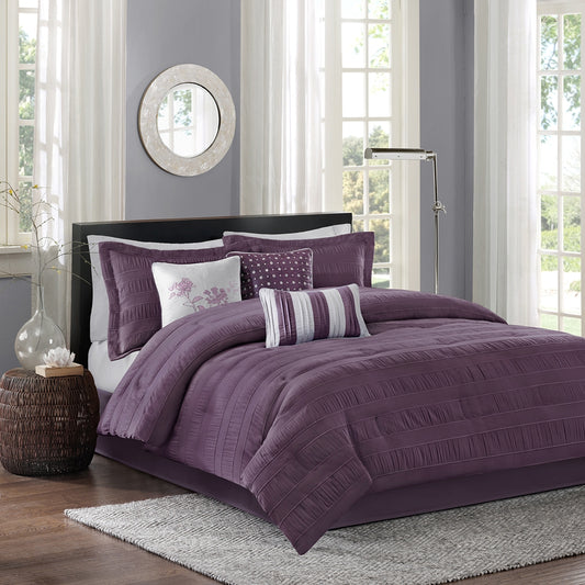 Striped Wrinkle 7-Piece Comforter Set, Plum Purple