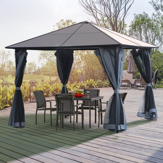 Outsunny 9.8' x 9.8' Garden Aluminium Gazebo Hardtop Roof Canopy Marquee with Mesh Curtains & Side Walls, Grey