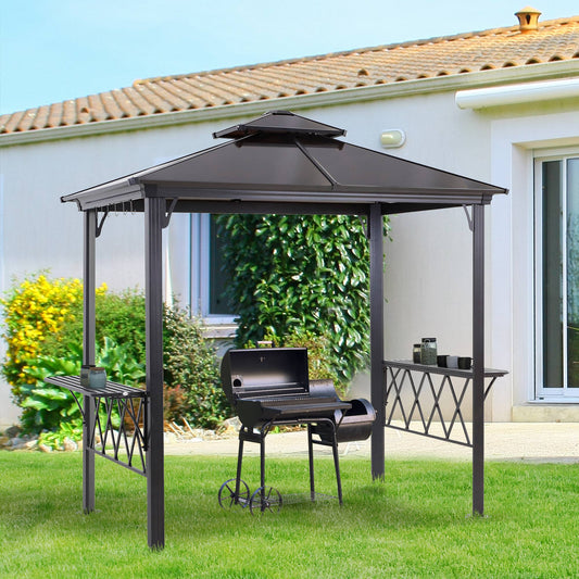 Outsunny Outdoor Hardtop Grill Gazebo Cooking BBQ Canopy w/ 6 Hooks for Utensils and Double Vented PC Roof, Coffee