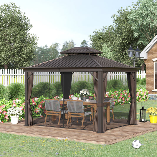Outsunny 12' x 10' Outdoor Hardtop Gazebo with Galvanized Steel Canopy & Netting Sidewalls for Lawn, Backyard, Brown