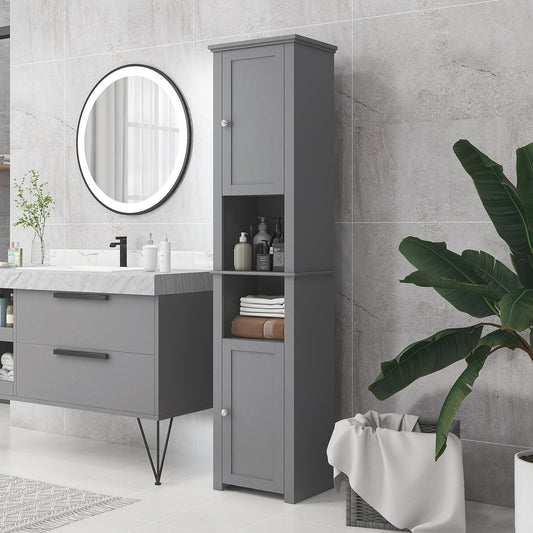 Tall Bathroom Linen Cabinet, Freestanding with Open Shelves and 2 Cupboards, Narrow Storage , Grey