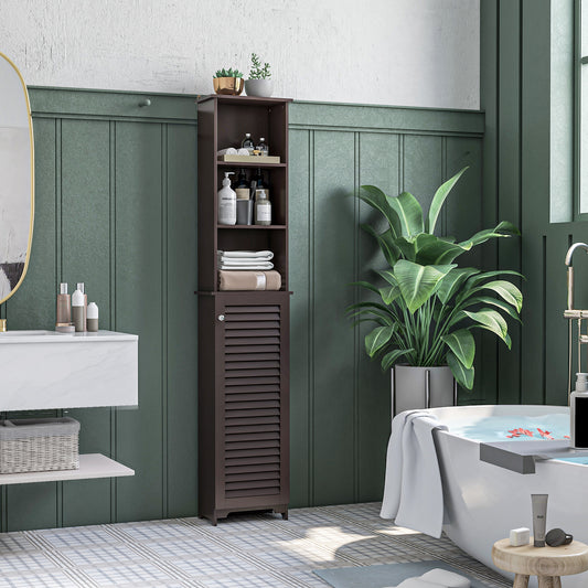 Tall Bathroom Storage Cabinet, Freestanding Linen Tower with 3-Tier Open Adjustable Shelf and Cupboard, Dark Brown
