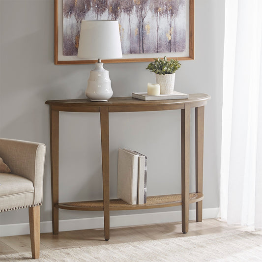 Traditional Half-Moon Wood Console Table with Cane Bottom