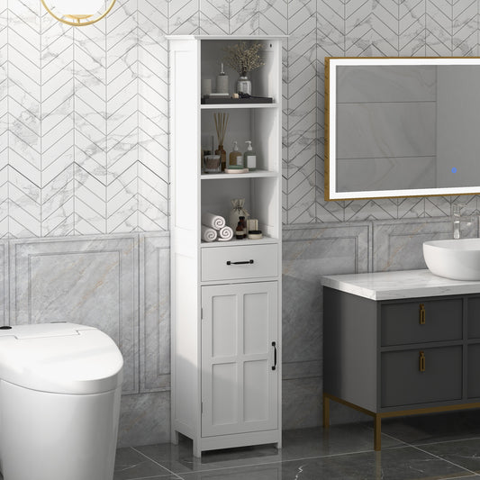 kleankin Modern Bathroom Cabinet, Narrow Bathroom Vanities with 3 Open Shelves, Drawer and Adjustable Shelf, White