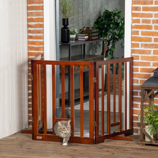 Freestanding Pet Gate with 2PCS Support Feet, 3 Panels Folding Dog Gates for the House Doorway Stairs, with Cat Door, Expands up to 71.3" Wide, 29.9" Tall, Espresso