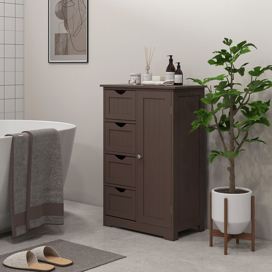 Bathroom Storage Cabinet with Adjustable Shelf and 4 Drawers, in Brown