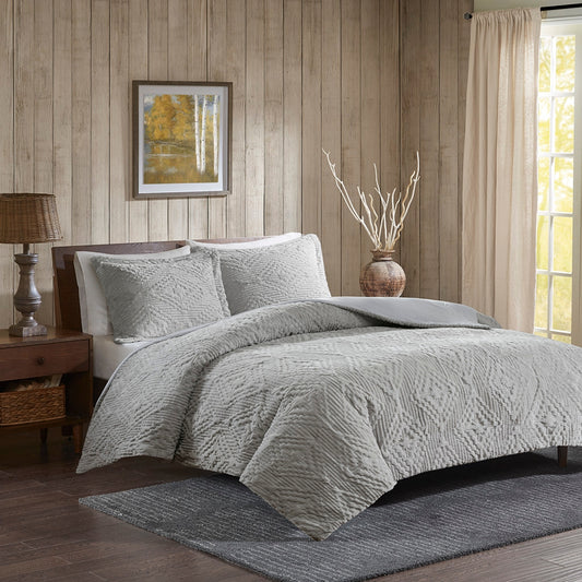 Plush Embroidered 3-Piece Coverlet Mini Set, Grey,Full/Queen