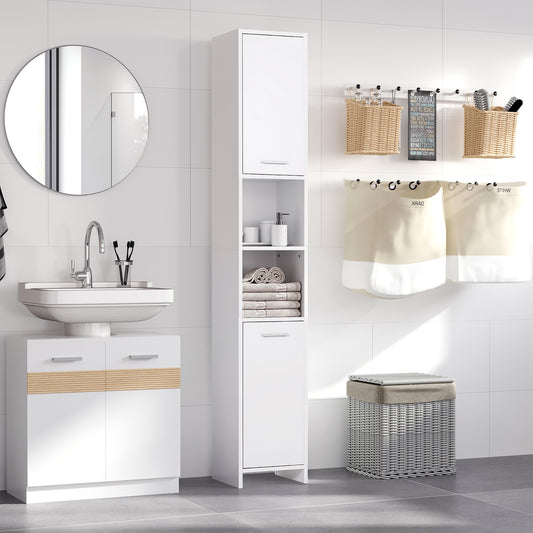 Narrow Bathroom Cabinets with 2 Doors, Open Compartment and Adjustable Shelves, White