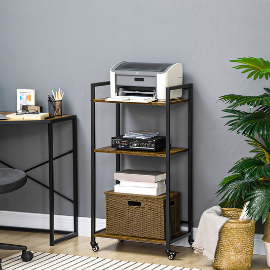 3-Tier Printer Stand, Utility Cart, Rolling Trolley with Adjustable Shelves with Lockable Wheels for Home Office, Rustic Brown