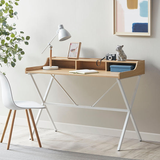 Computer Writing Desk with Cubic Storage, Natural/White
