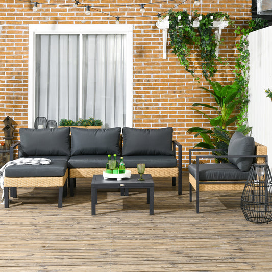 Outsunny 6 Pieces Patio Furniture Set with Sofa, Armchair, Stool, Table, Cushions, Outdoor Wicker Conversation Sofa Set