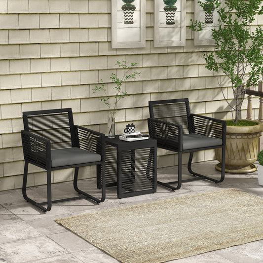 3 Pieces Patio Furniture Outdoor PE Rattan Bistro Set w/ Seat Cushions Tempered Glass Table for Garden Backyard, Black