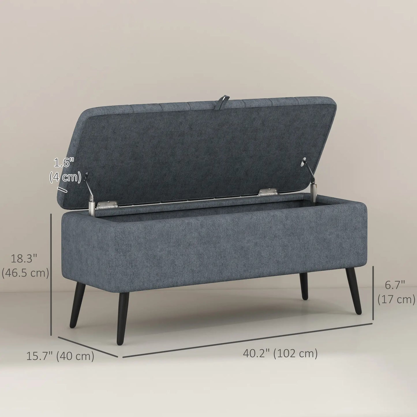 40" Ottoman with Storage, Linen Upholstered Storage Ottoman Bench with Steel Legs for Living Room, Bedroom Dark Grey