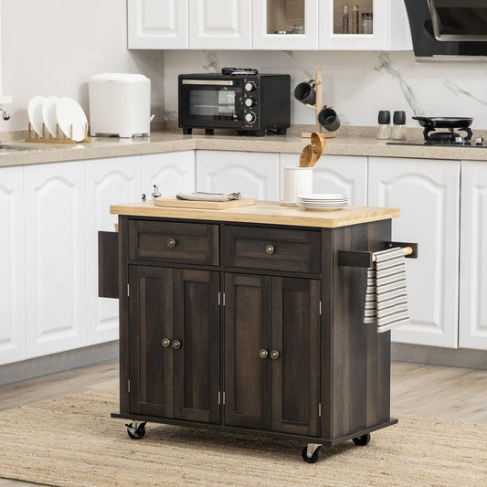 Rolling Kitchen Island with Storage, Trolley Cart with Rubber Wood Top, Spice Rack, Towel Rack, Brown Oak