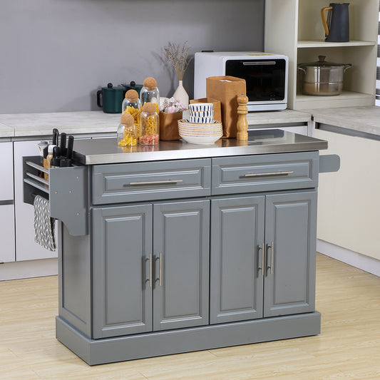 Rolling Kitchen Island with Storage and Stainless Steel Top, Kitchen Trolley with Drawers, Cabinets, Towel Rack