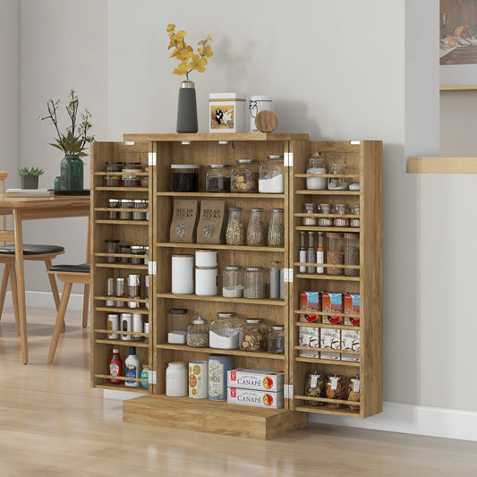 41" Rattan Kitchen Storage Cabinet, Food Pantry Cabinet with 5-Tier Shelf 12 Spice Racks Adjustable Shelves Natural
