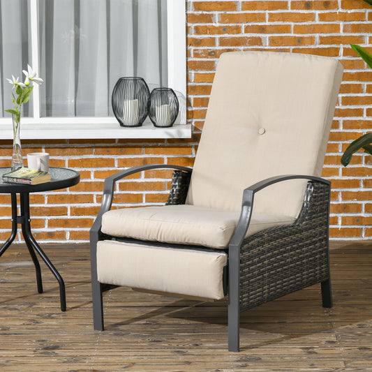 Rattan Recliner Chair for Outside Wicker Reclining Chair with Adjustable Back Retractable Footrest Cushion Khaki