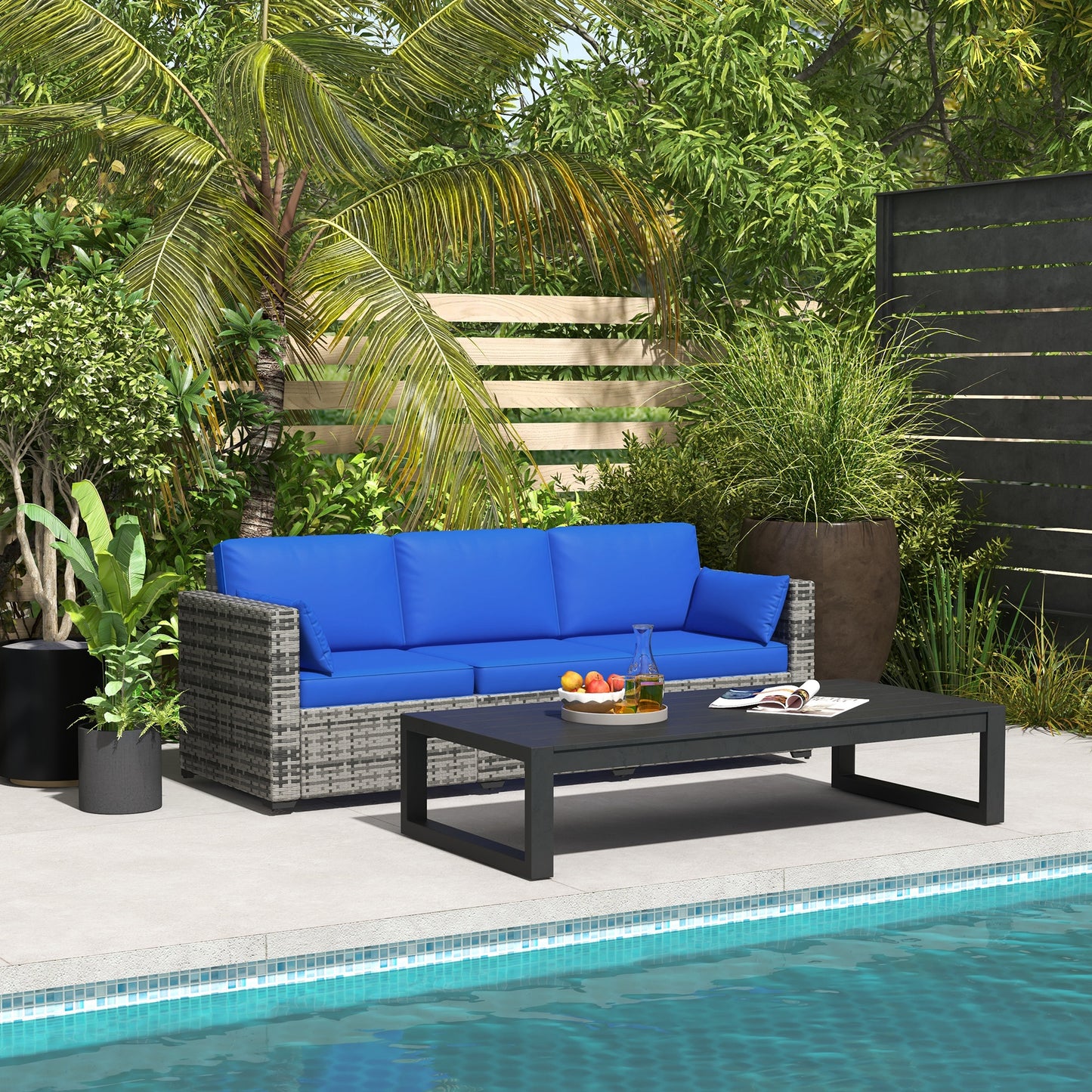 Outsunny Three-Seater Outdoor Sofa with Cushions, PE Rattan Conversation Patio Couch with Pillows for Conservatory, Garden, Poolside, Blue