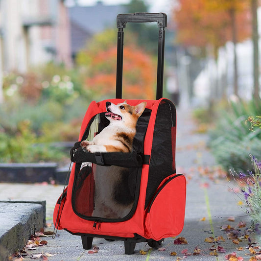 4-IN-1 Pet Luggage Box Carrier Cat Dog Backpack Crate Rolling Wheel w/ Removable Stand Red