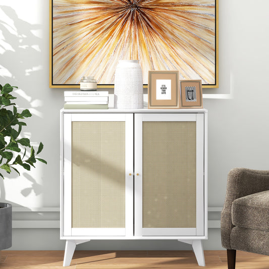 Boho Entryway Cabinet, with 2 Rattan Doors and Adjustable Shelf in White