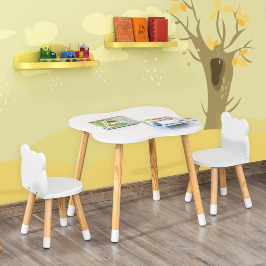 Qaba Kids Wooden Table and 2 Chairs Set Children 3-Piece Dining Table with Cute Bear Shape and Rounded Corners for 1-4 Years Toddler Reading Drawing Playing, White