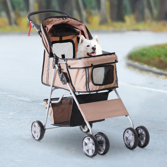 4 Wheel Dog Pet Stroller Dog Cat Carrier Folding Sunshade Canopy with Brake, Brown