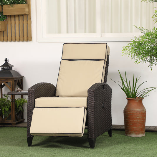 Outdoor Recliner Chair with Adjustable Backrest, Cushion, Side Tray, Khaki