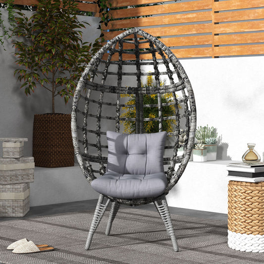 Outsunny Outdoor Egg Chair with Soft Cushion, Patio PE Rattan Wicker Balcony Chair with Height Adjustable Knob, 352lbs Capacity, for Backyard, Garden, Balcony, Lawn, Light Grey