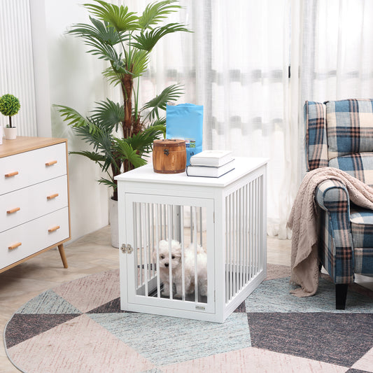 PawHut Wooden Dog Crate Furniture, Puppy Kennel End Table, Decorative Pet House with Front Door, Safety Lock, for Small & Medium Sized Dog, White