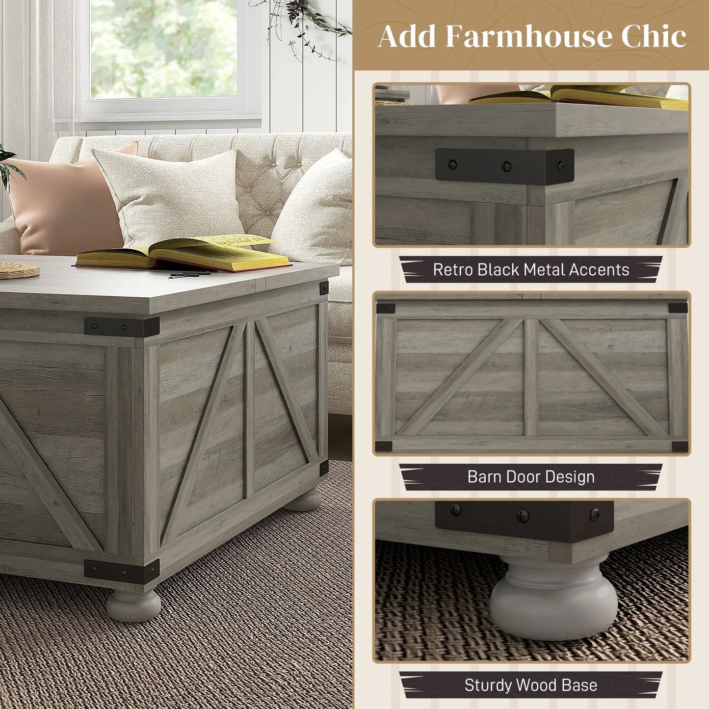Farmhouse Style Square Coffee Table with Flip-top Lids, Hidden Storage Compartment and Wooden Legs, in Grey
