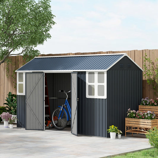 Outsunny 12' x 5.5' Metal Garden Storage Shed, Outdoor Tool Storage House with Lockable Door, Vents, Sloped Roof, Dark Grey
