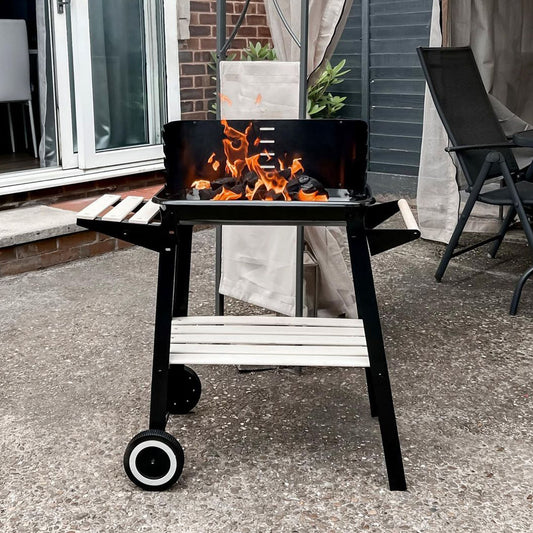 Outsunny Trolley Charcoal BBQ Barbecue Grill Outdoor Patio Garden Heating Smoker with Side Trays Storage Shelf and Wheels