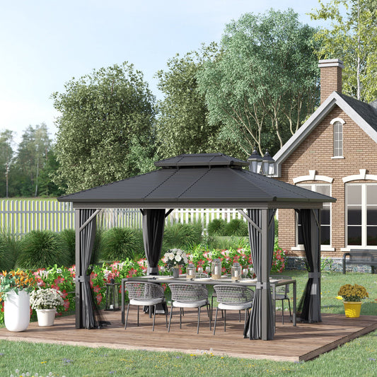 10'x12' Hardtop Aluminum Gazebo Garden Sun Shelter with Mosquito Netting and Curtains Hanging Hook, Black