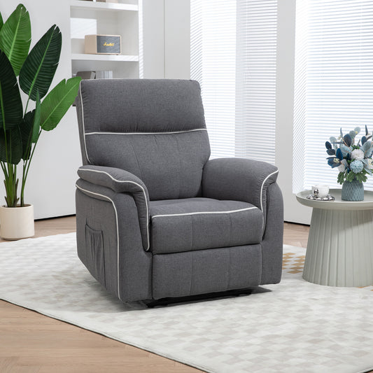 Fabric Reclining Chair, Manual Reclining with Footrest, 2 Side Pockets, Steel Frame In Dark Grey