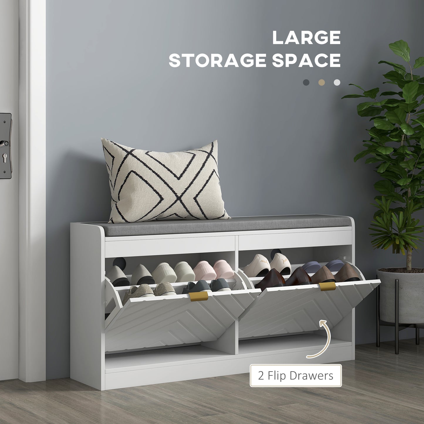 Shoe Storage with Seat, Upholstered Hallway Bench, Shoe Bench with 2 Flip Drawers and 2 Vents for 8 Pairs of Shoes