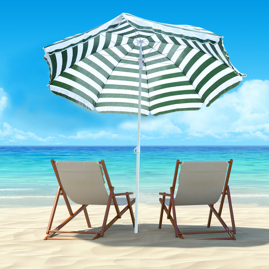 6ft Round Beach Umbrella Outdoor UV Protection Sun Shaded Canopy w/ Push Button Tilt Striped Green