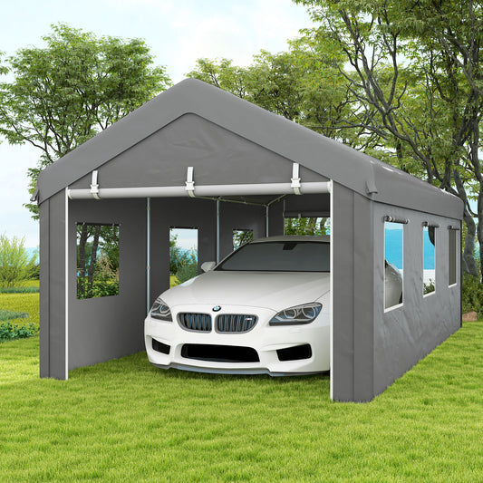 10' x 20' Carport, Heavy Duty Portable Garage with 6 Mesh Windows and 2Doors, Grey