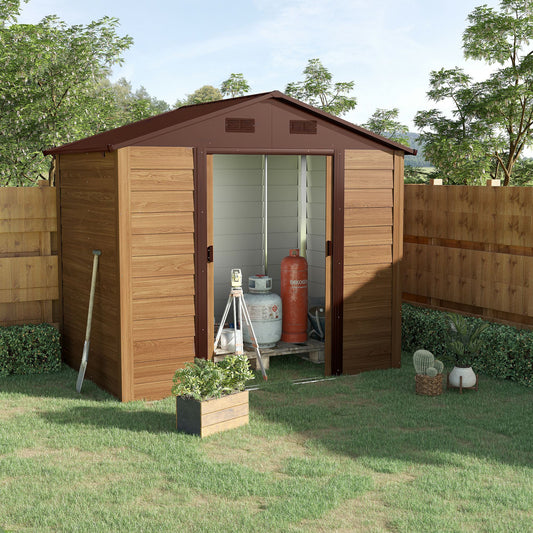 6.4' x 7.7' Outdoor Metal Garden Shed House Hut Gardening Tool Storage with Ventilation, Brown with Wood Grain