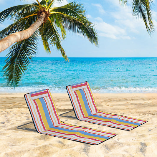 Set of 2 Beach Lounge Chair Sun Lounger Beach Mat, Padded Folding Ground Mat Lounge Chair w/Adjustable Back, Steel Frame, Head Pillow and Carry Bag for Backyard Lakeside, Colorful Stripes
