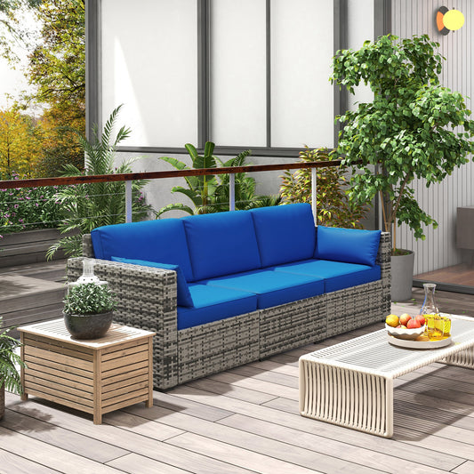 Outsunny Three-Seater Outdoor Sofa with Cushions, PE Rattan Conversation Patio Couch with Pillows for Conservatory, Garden, Poolside, Blue
