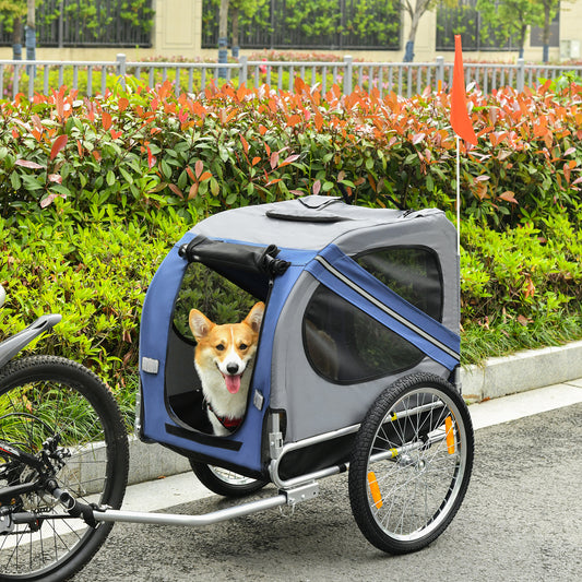 PawHut Dog Bike Trailer Pet Cart Bicycle Wagon Cargo Carrier Attachment Foldable for Travel, Blue and Grey