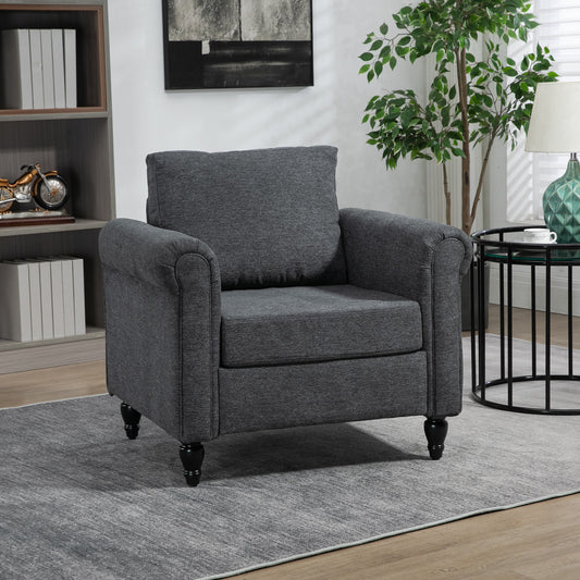 Accent Chair with Rolled Arms, Gourd-Shaped Rubber Wood Legs, Dark Grey