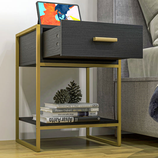 Modern Nightstand Set Of 2, with Drawer, Shelf and Steel Frame in Black